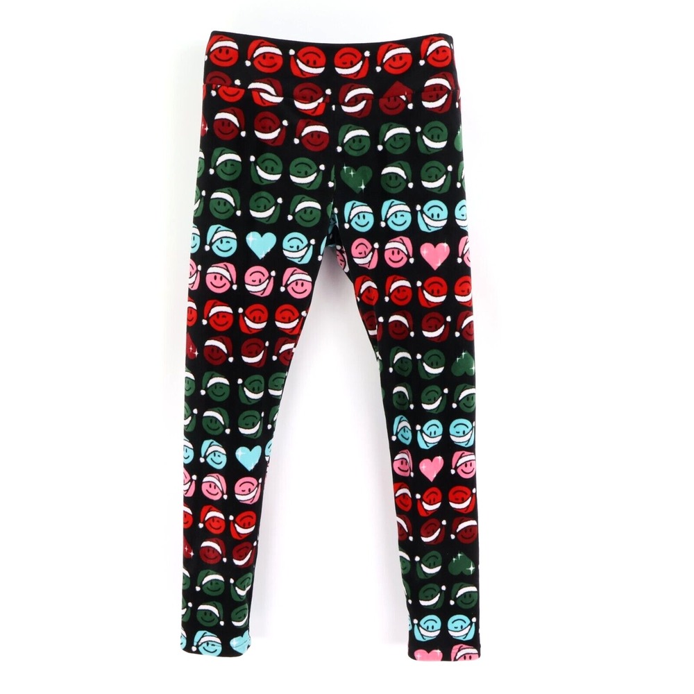 NOBO No Boundaries Leggings Womens L Black Smiley Faces w/Santa Hats Super Soft‎